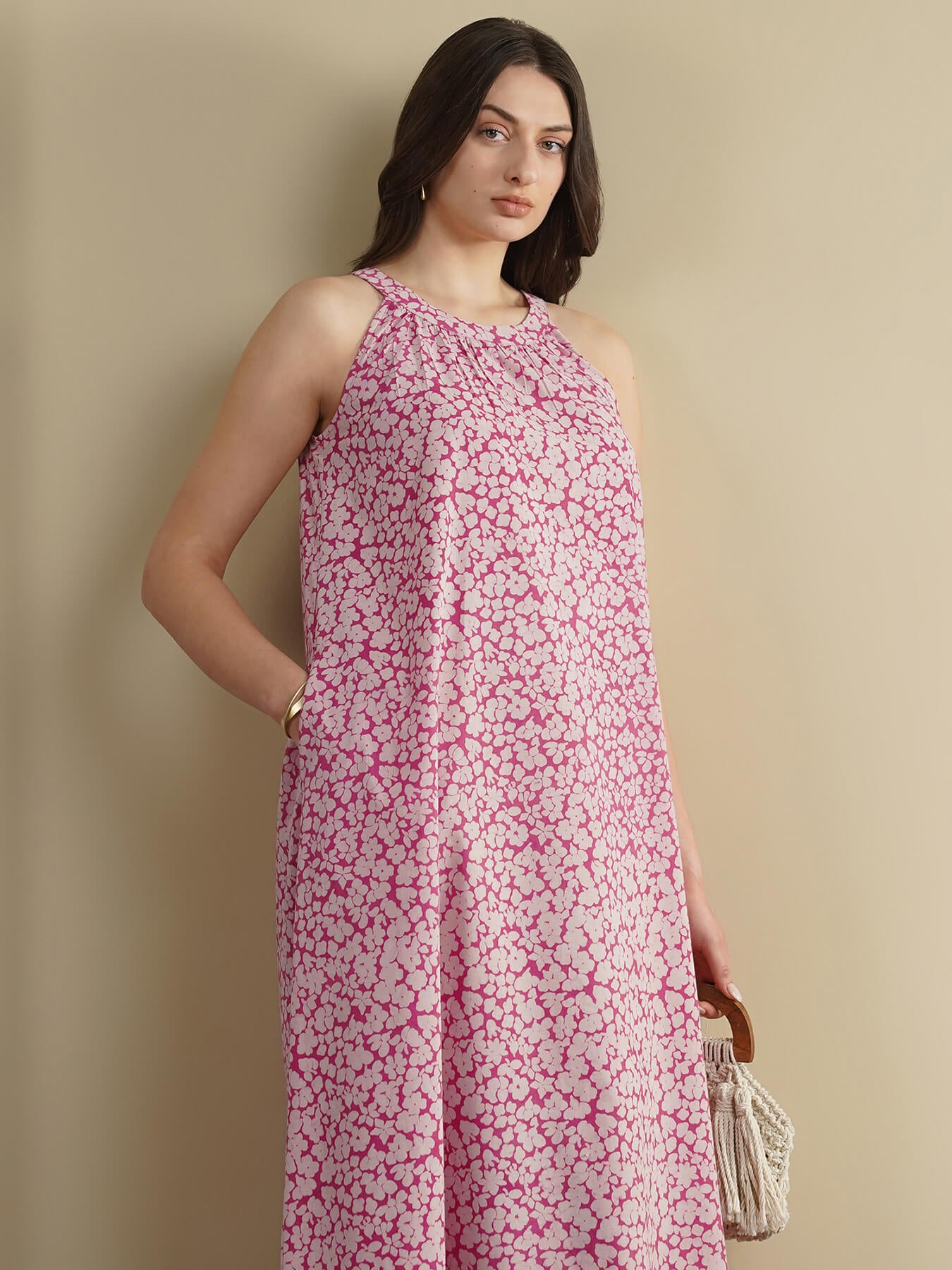 Cotton Dabu Floral A-Line Dress - Pink