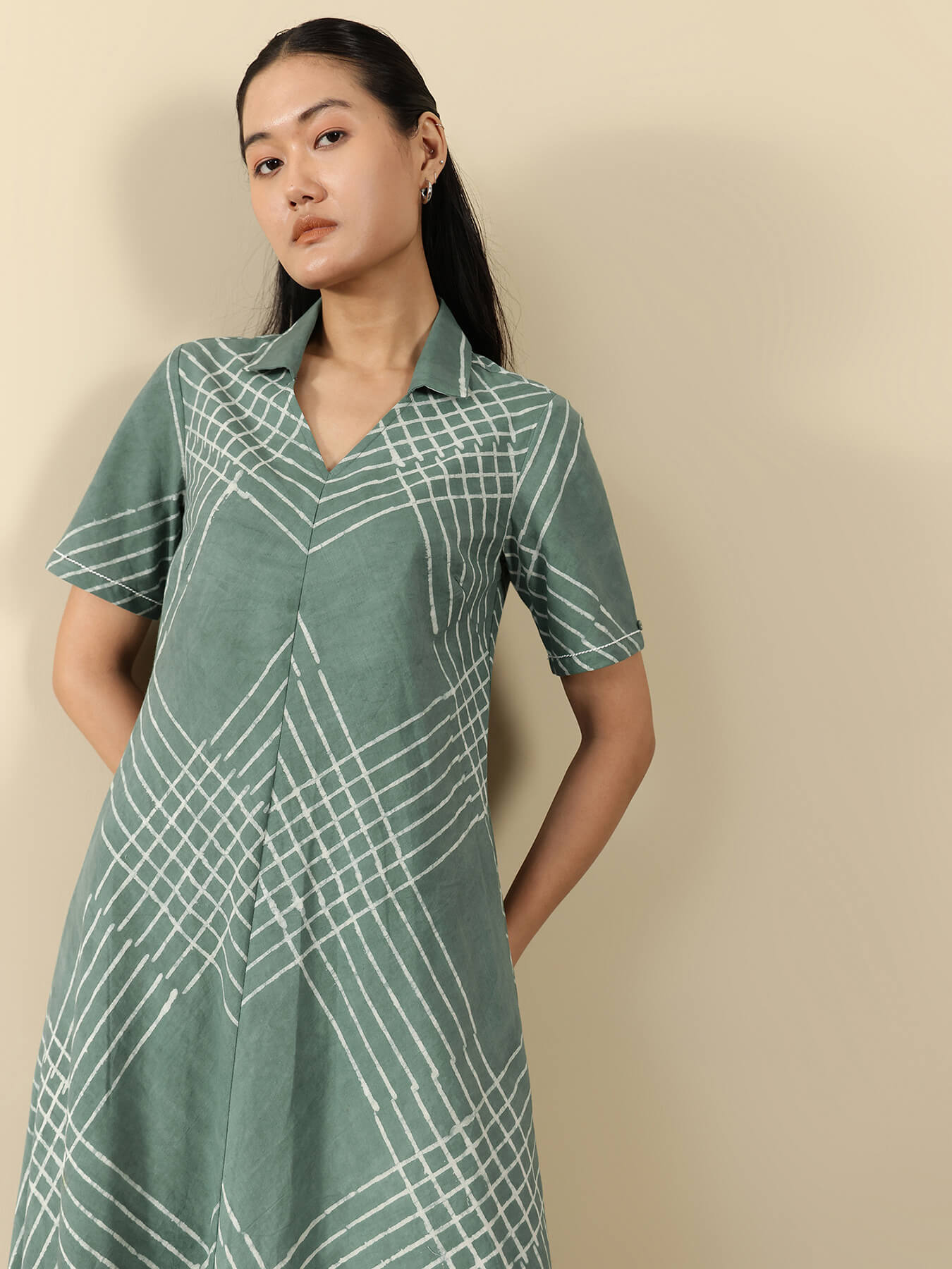 Cotton Dabu Checked Shirt Collar Dress - Green