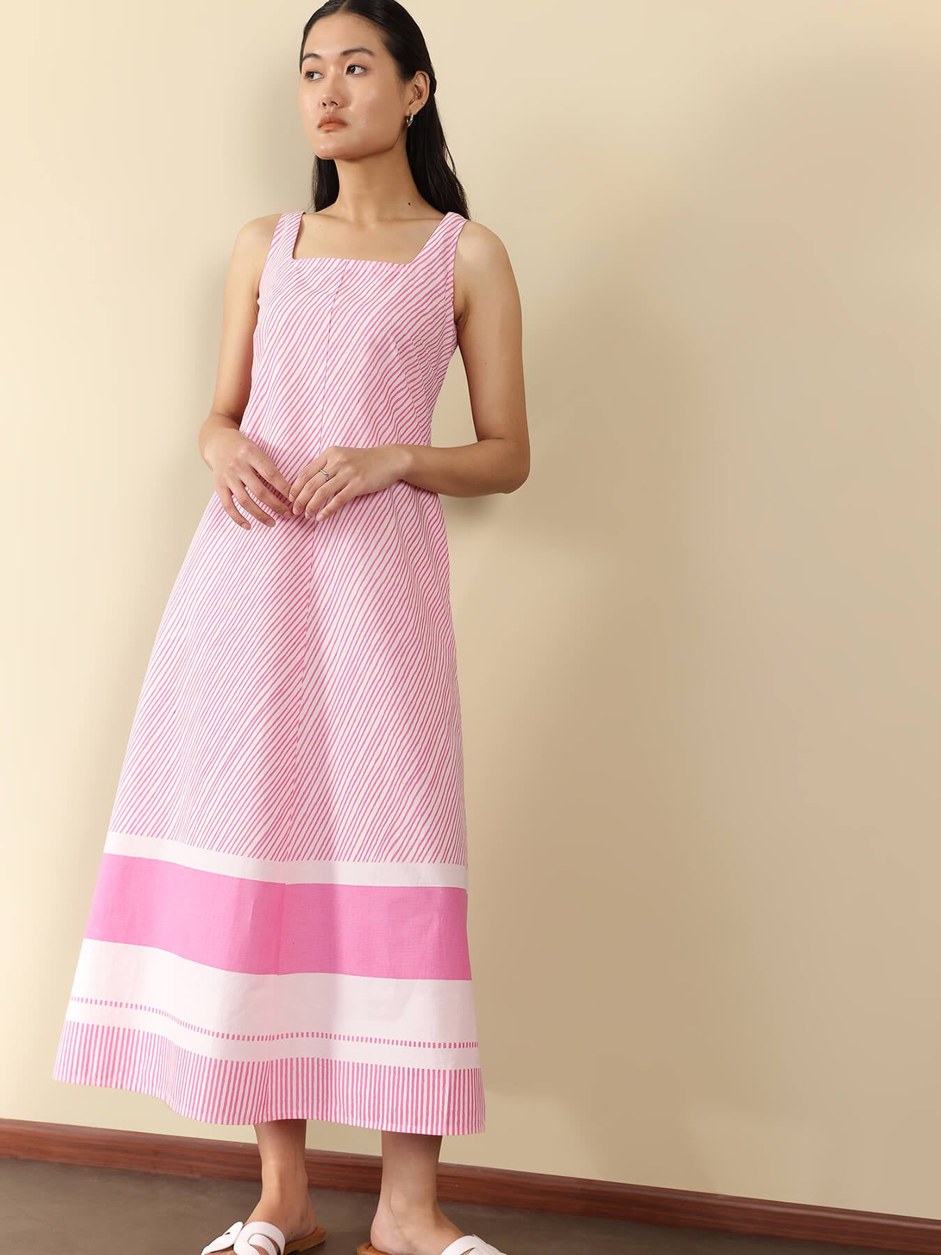 Cotton Striped Square Neck Dress - Pink
