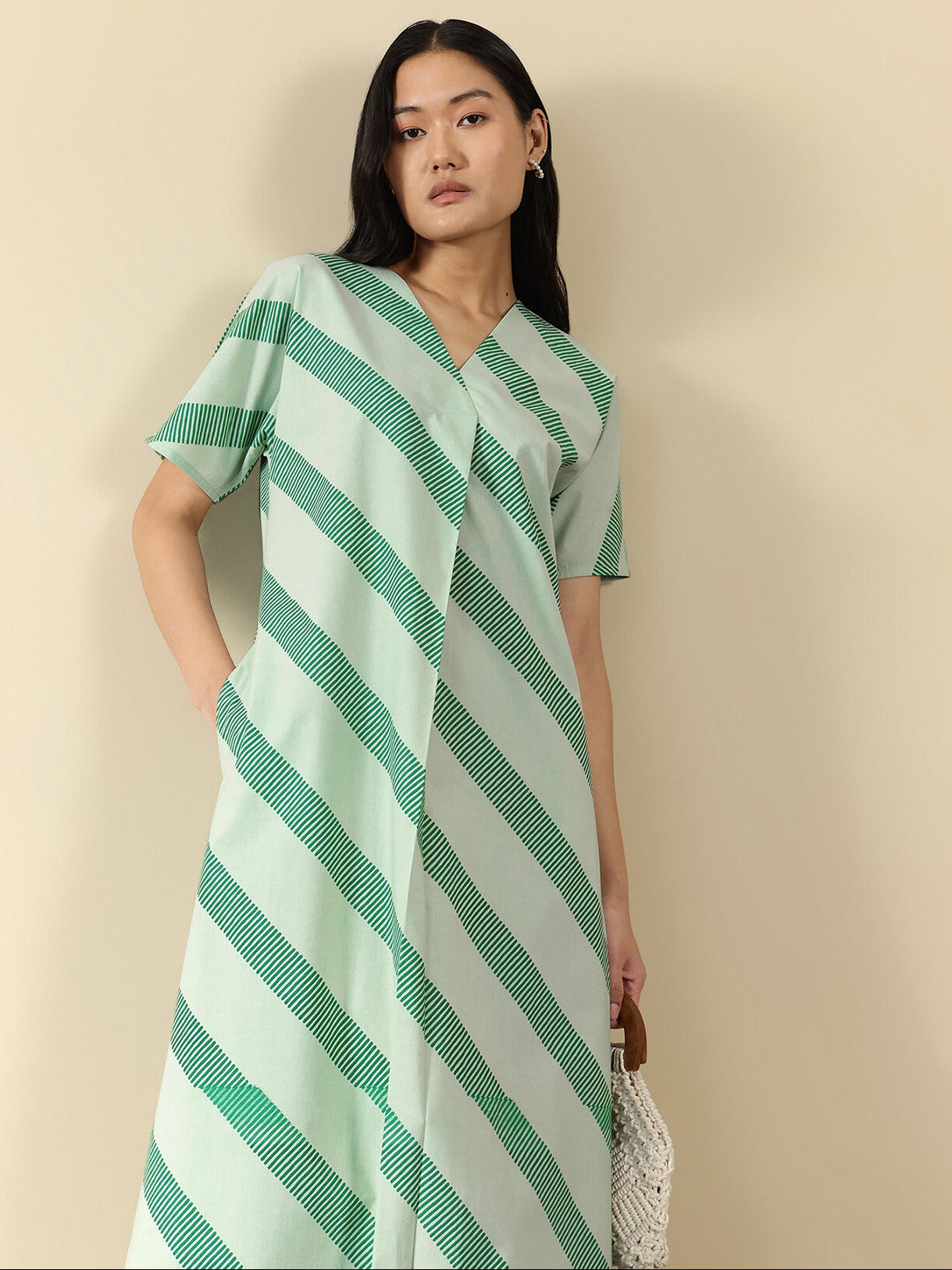 Cotton Striped Midi A-Line Dress - Green