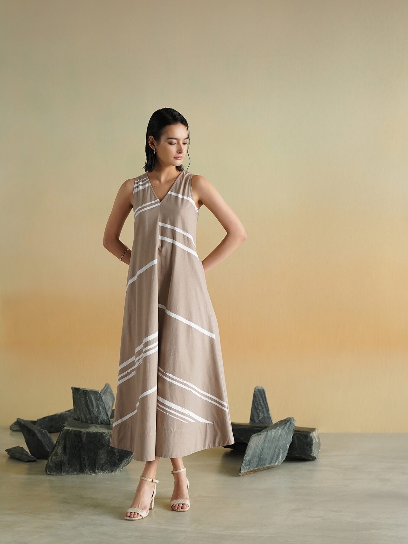 Cotton Striped V-Neck Dress - Beige