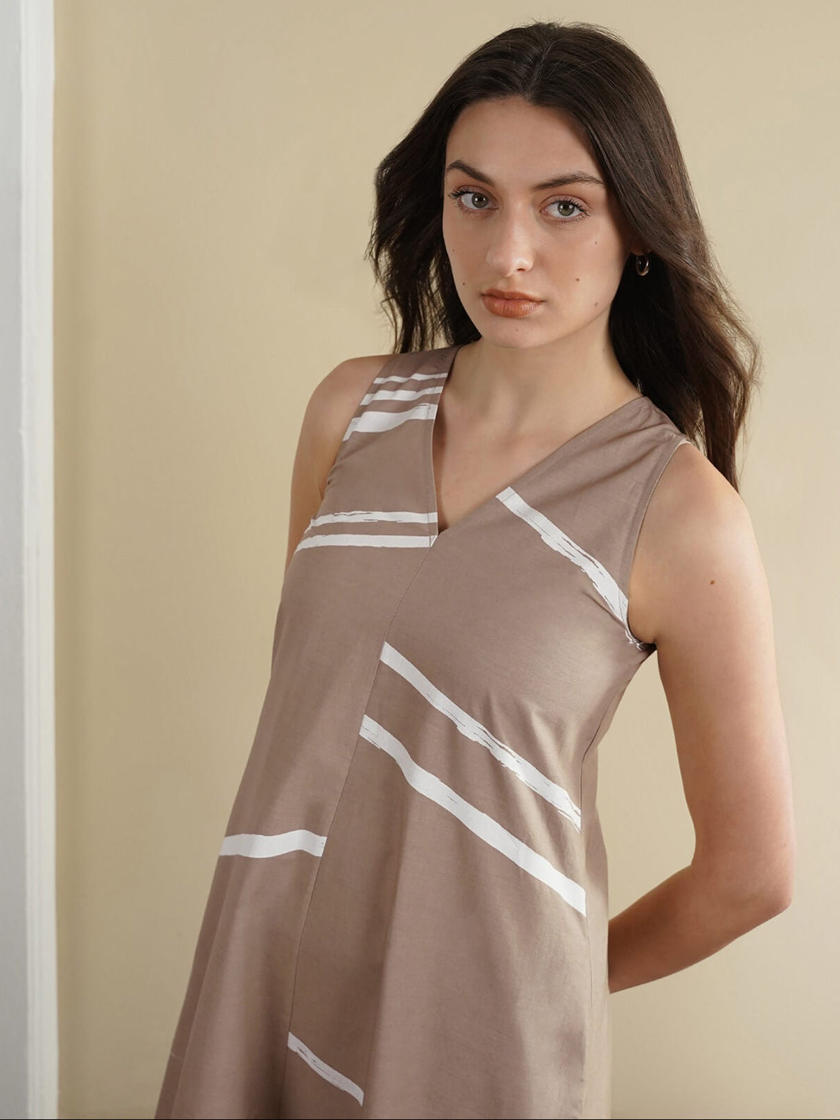 Cotton Striped V-Neck Dress - Beige