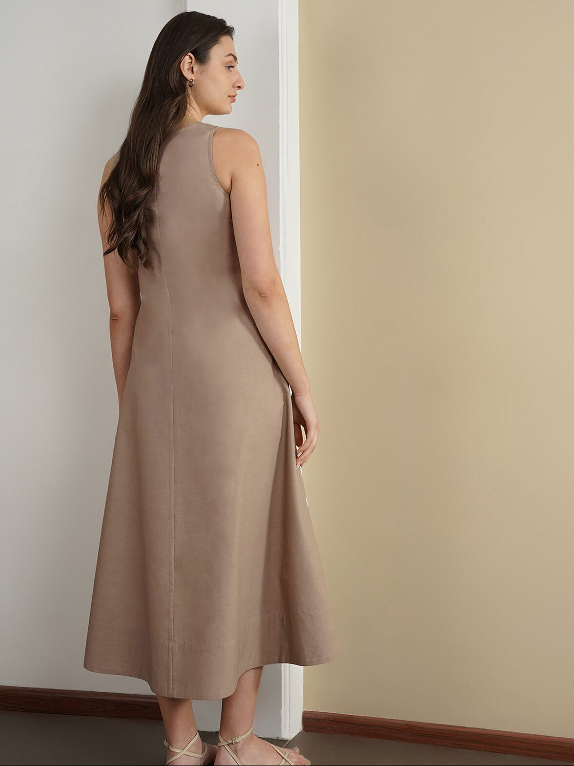 Cotton Striped V-Neck Dress - Beige