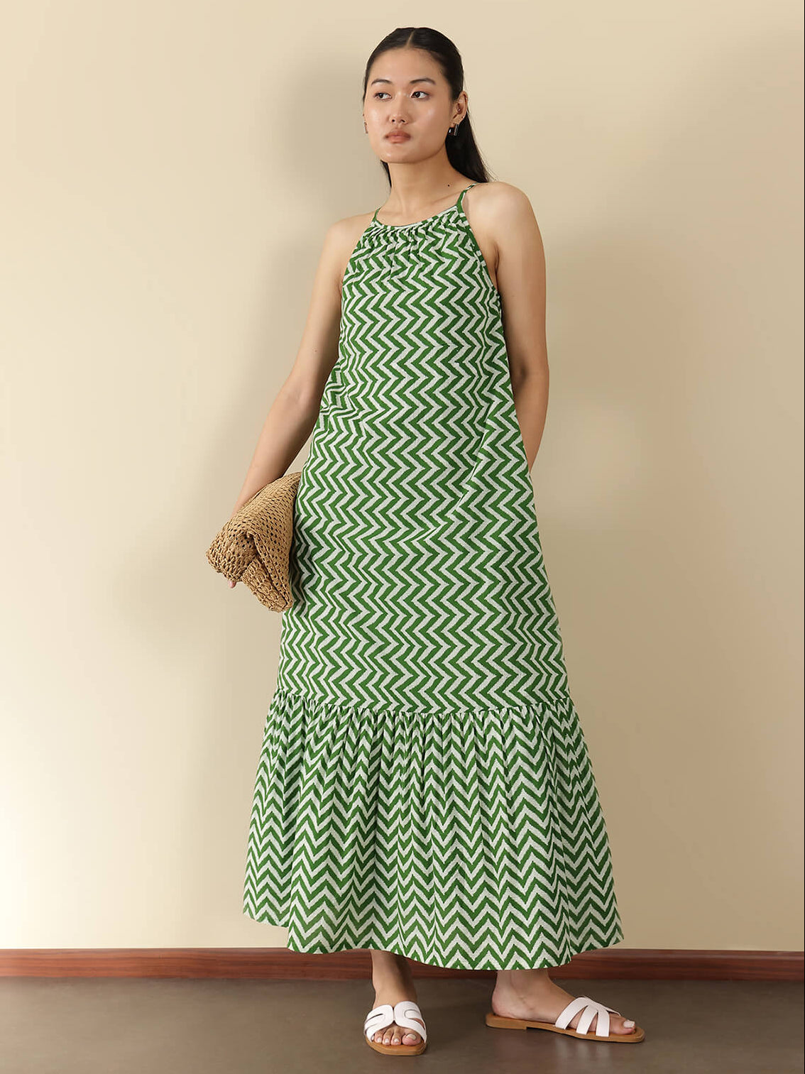 Cotton Chevron A-Line Dress - Green