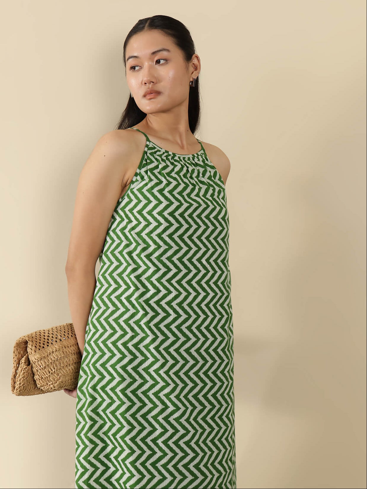 Cotton Chevron A-Line Dress - Green