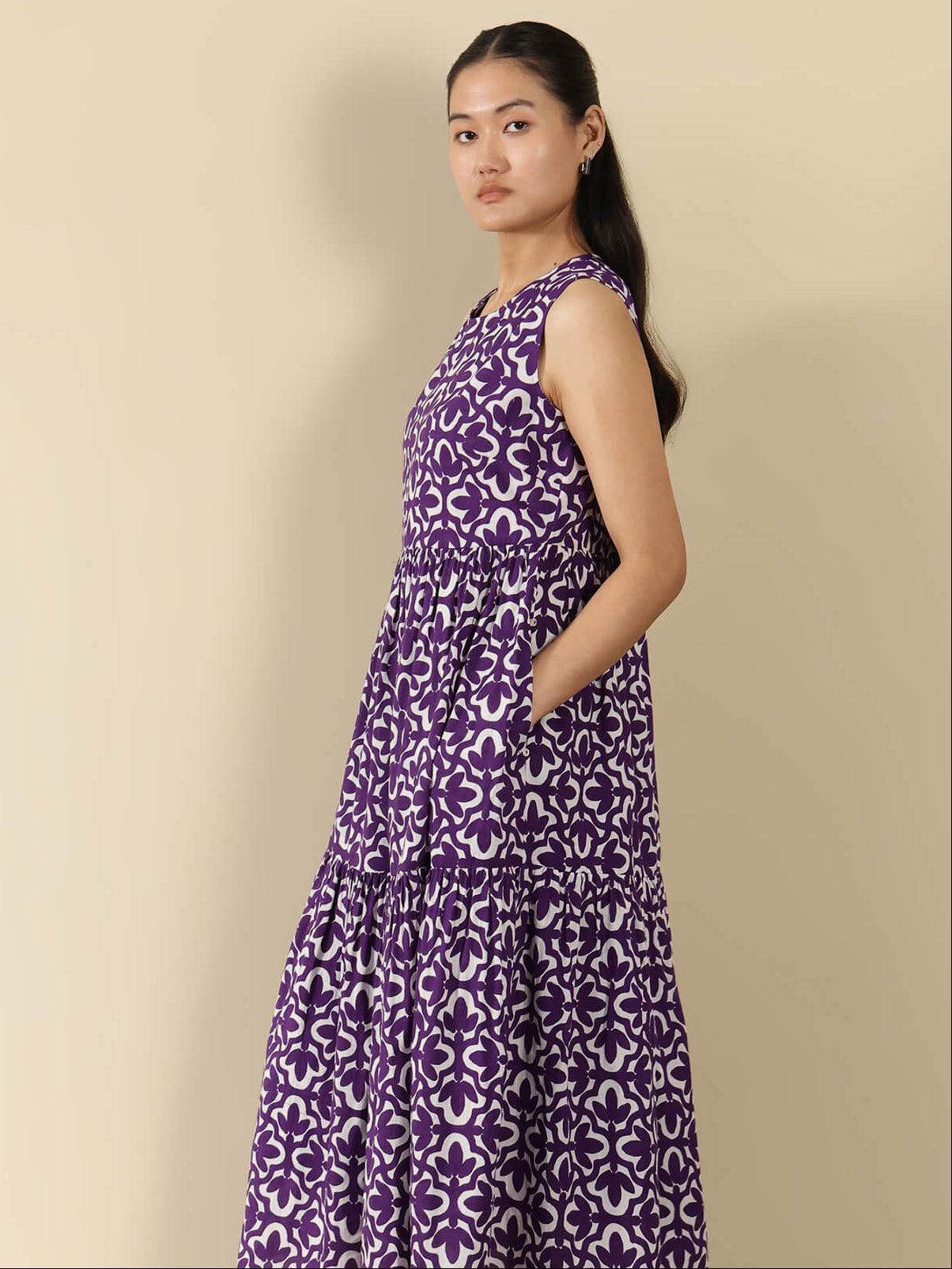 Cotton Geometric Fit and Flare Dress - Purple