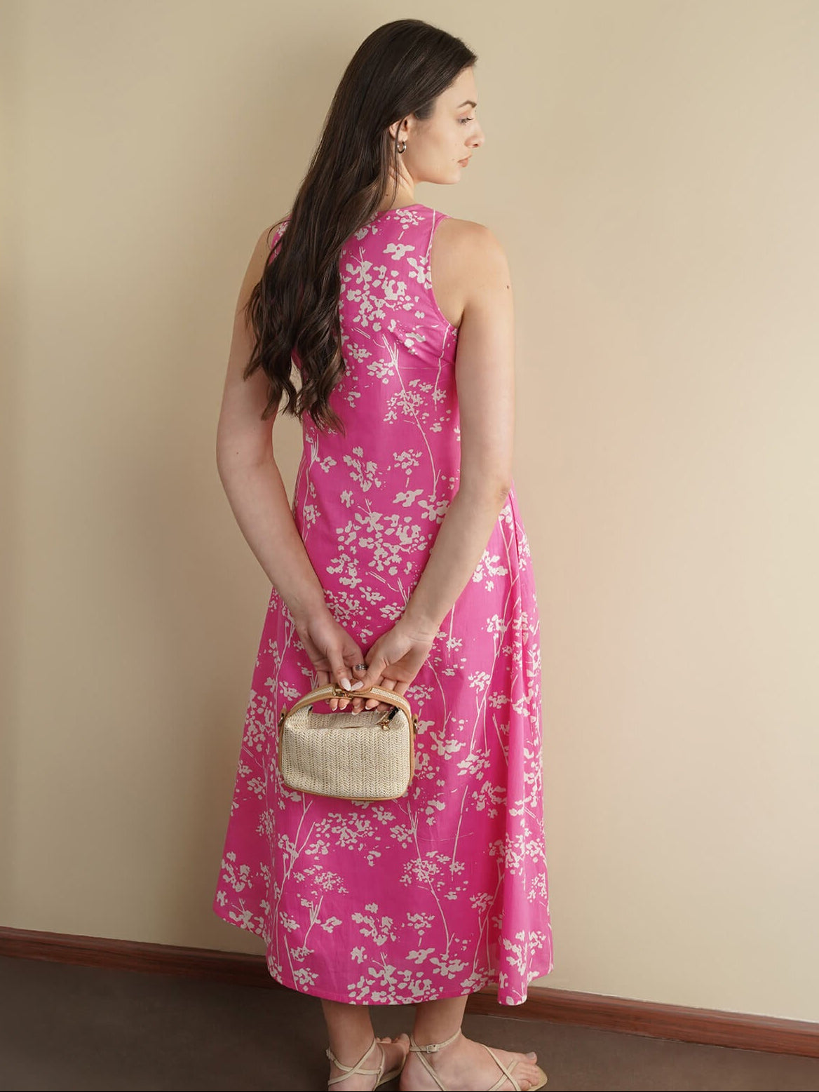 Cotton Floral Sleeveless A-Line Dress - Pink