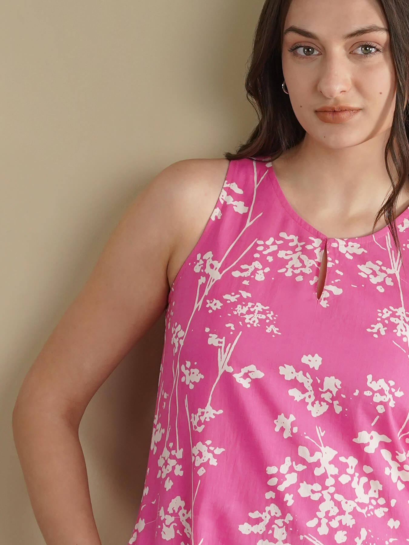 Cotton Floral Sleeveless A-Line Dress - Pink