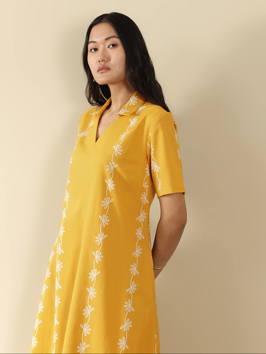 Cotton Floral Shirt Collar Dress - Yellow