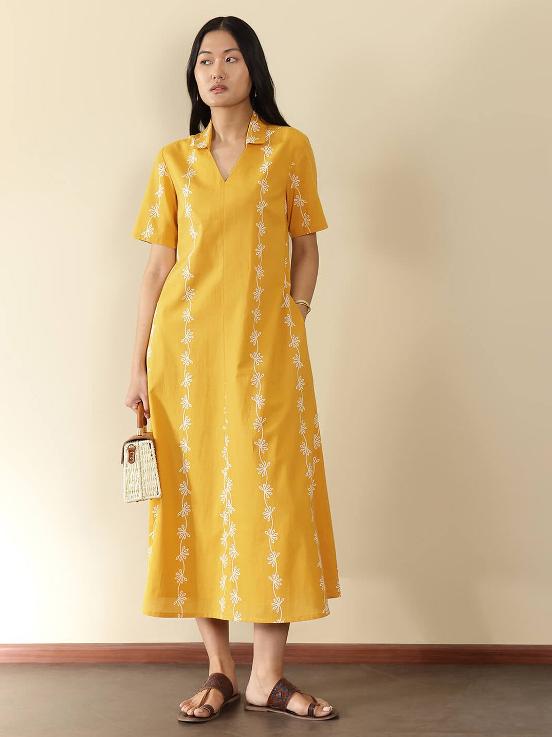 Cotton Floral Shirt Collar Dress - Yellow