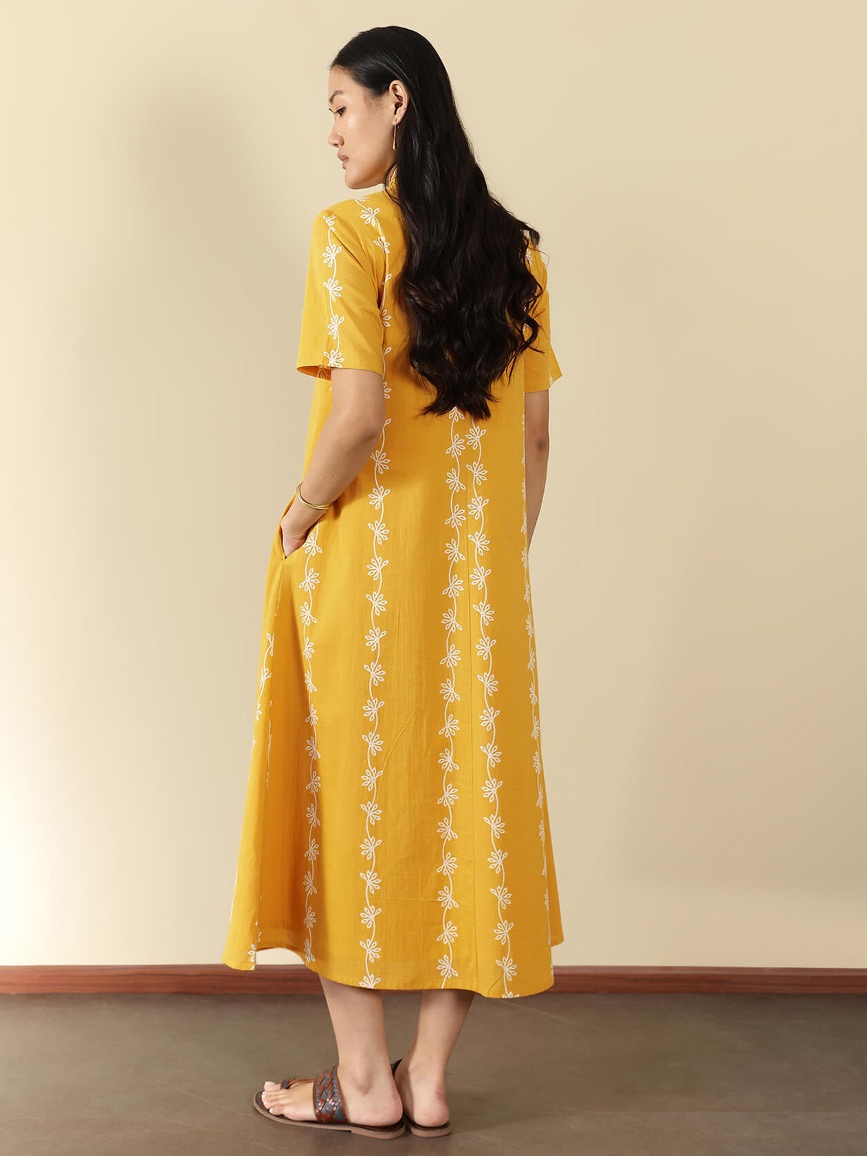 Cotton Floral Shirt Collar Dress - Yellow