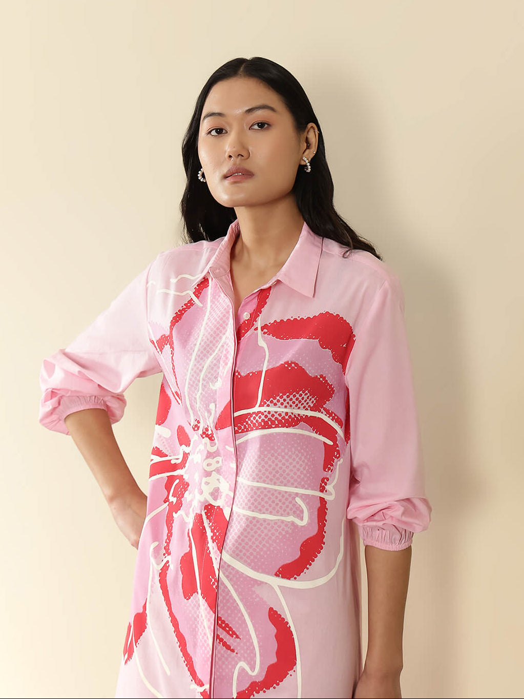 Cotton Placement Floral Shirt Dress - Pink