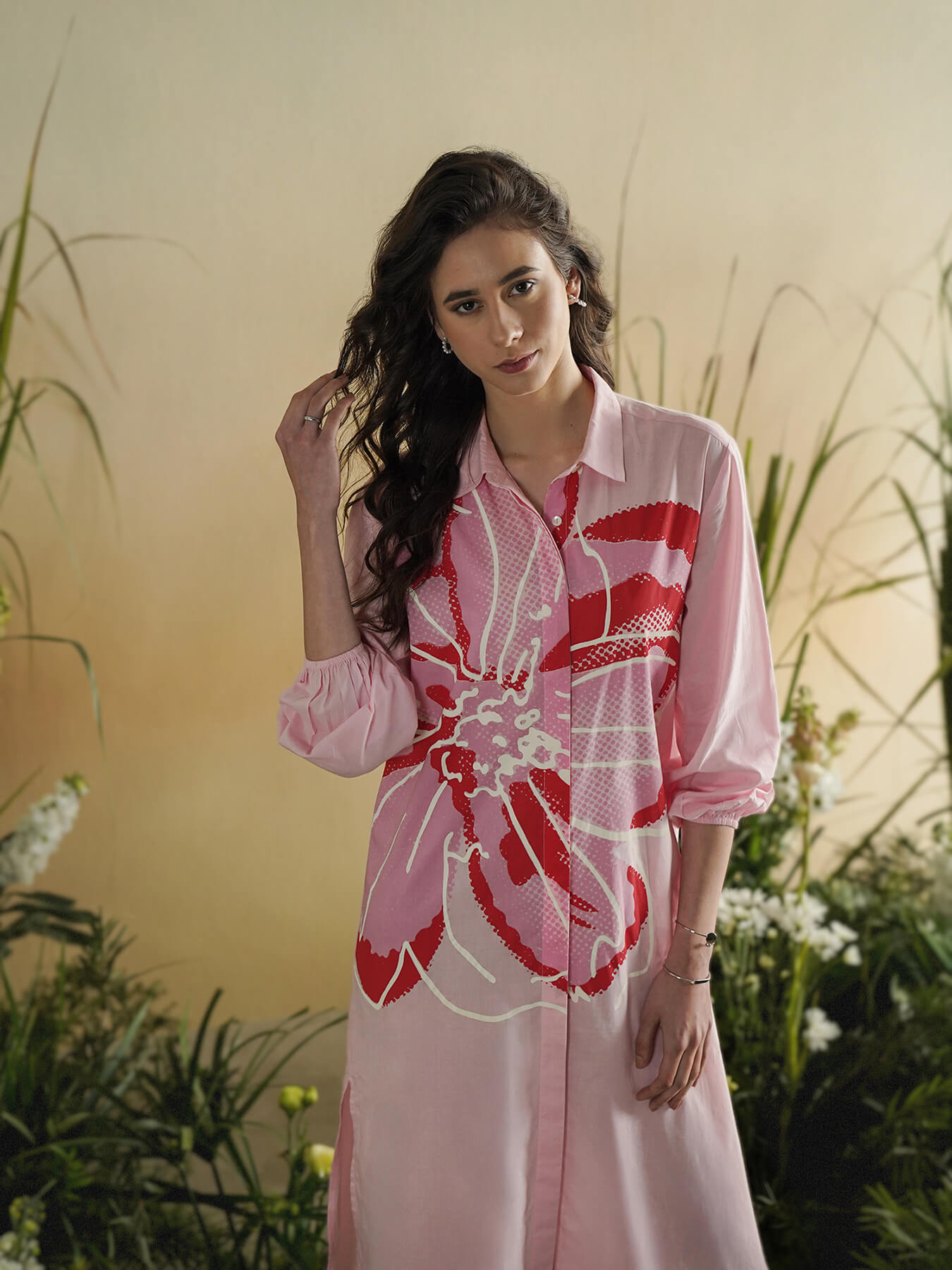 Cotton Placement Floral Shirt Dress - Pink