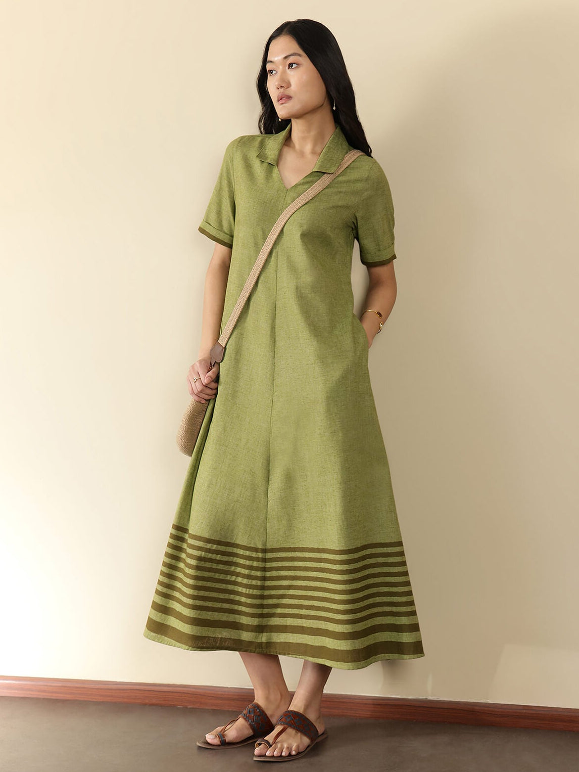 Cotton Striped Shirt Collar Dress - Green
