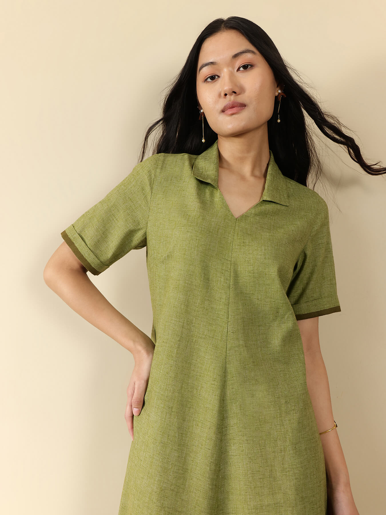 Cotton Striped Shirt Collar Dress - Green