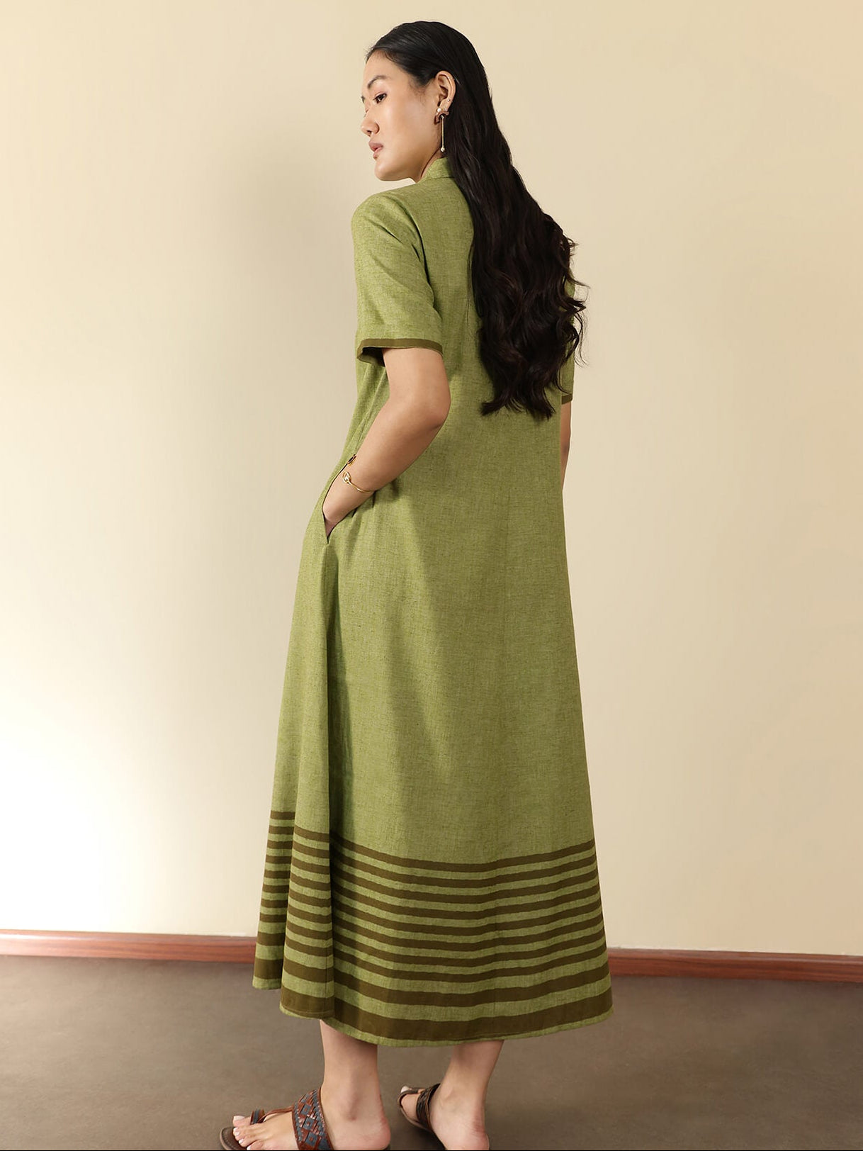 Cotton Striped Shirt Collar Dress - Green