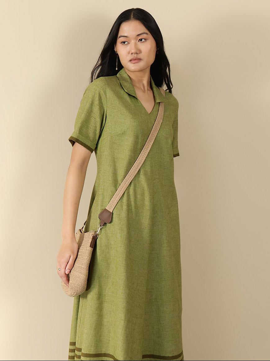 Cotton Striped Shirt Collar Dress - Green