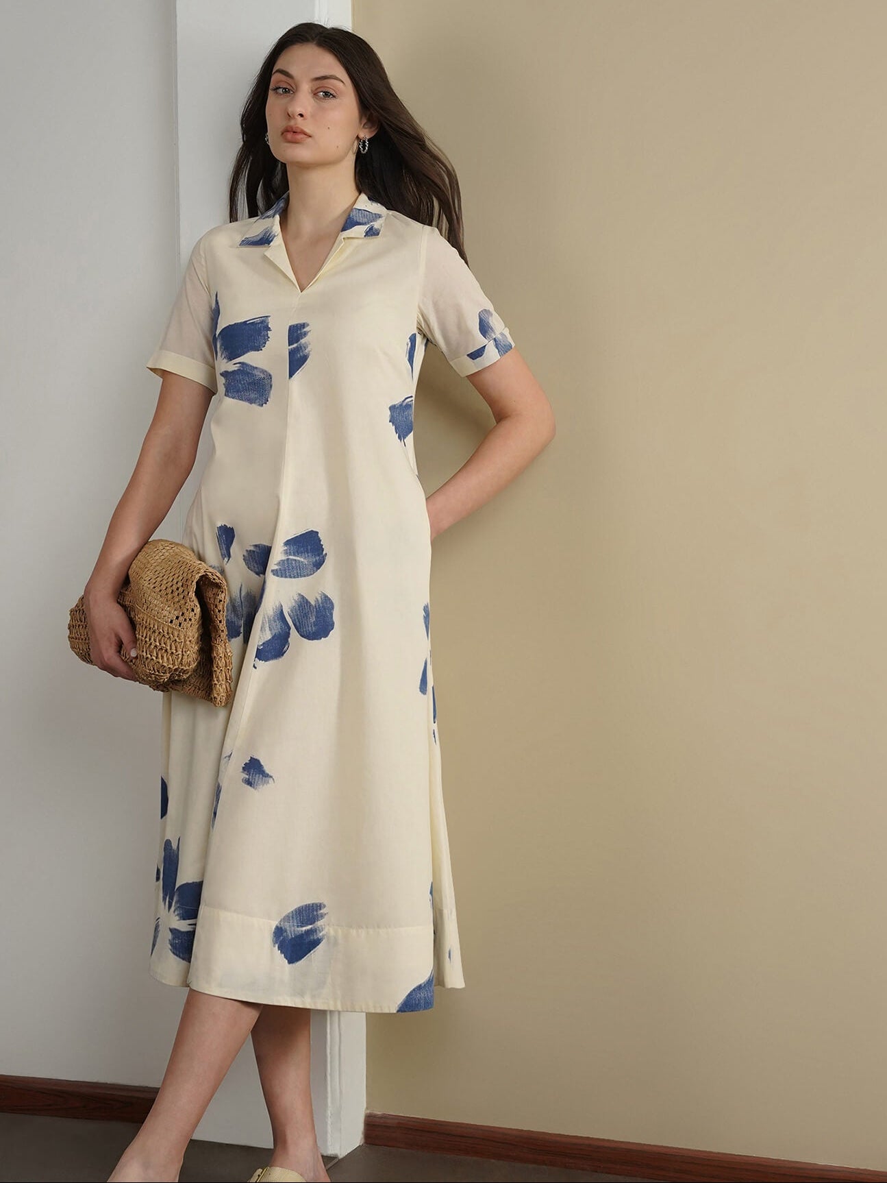 Cotton Floral Shirt Collar Dress - Off White