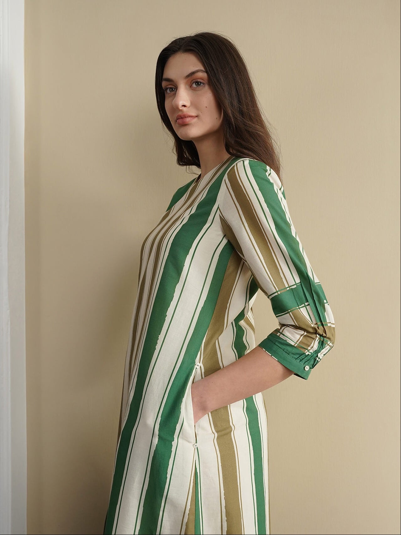 Cotton Striped A-Line Dress - Green