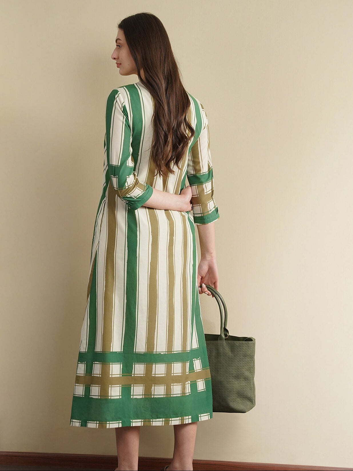 Cotton Striped A-Line Dress - Green