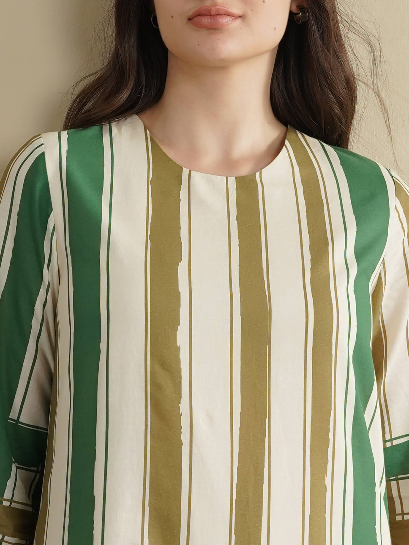 Cotton Striped A-Line Dress - Green