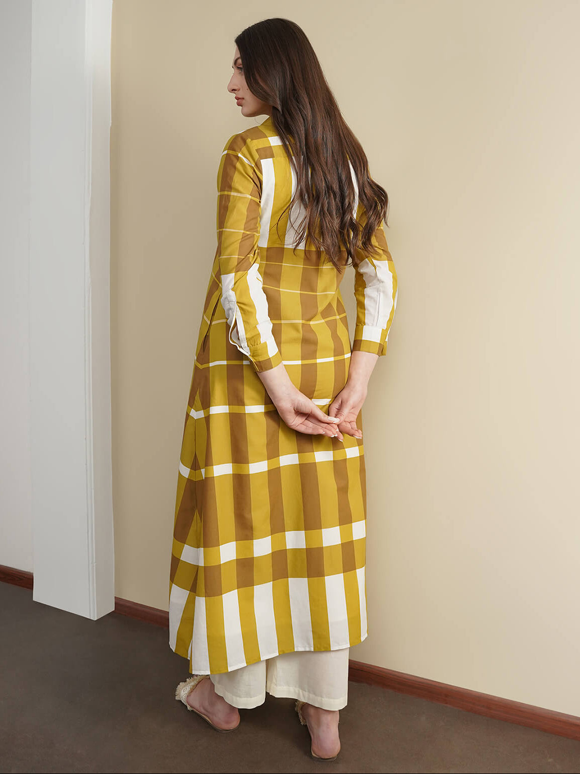 Cotton Striped Shirt Collar Dress - Mustard