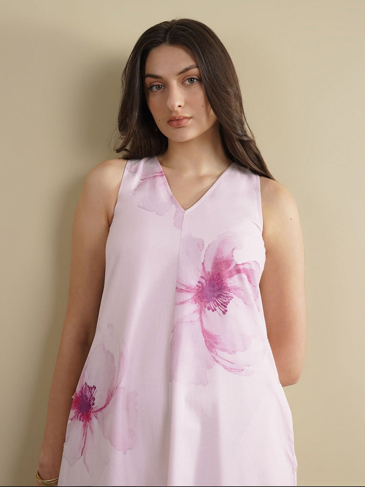 Cotton Floral Sleeveless Dress - Magenta