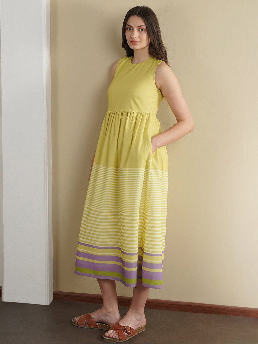 Cotton Striped Fit and Flare Dress - Green