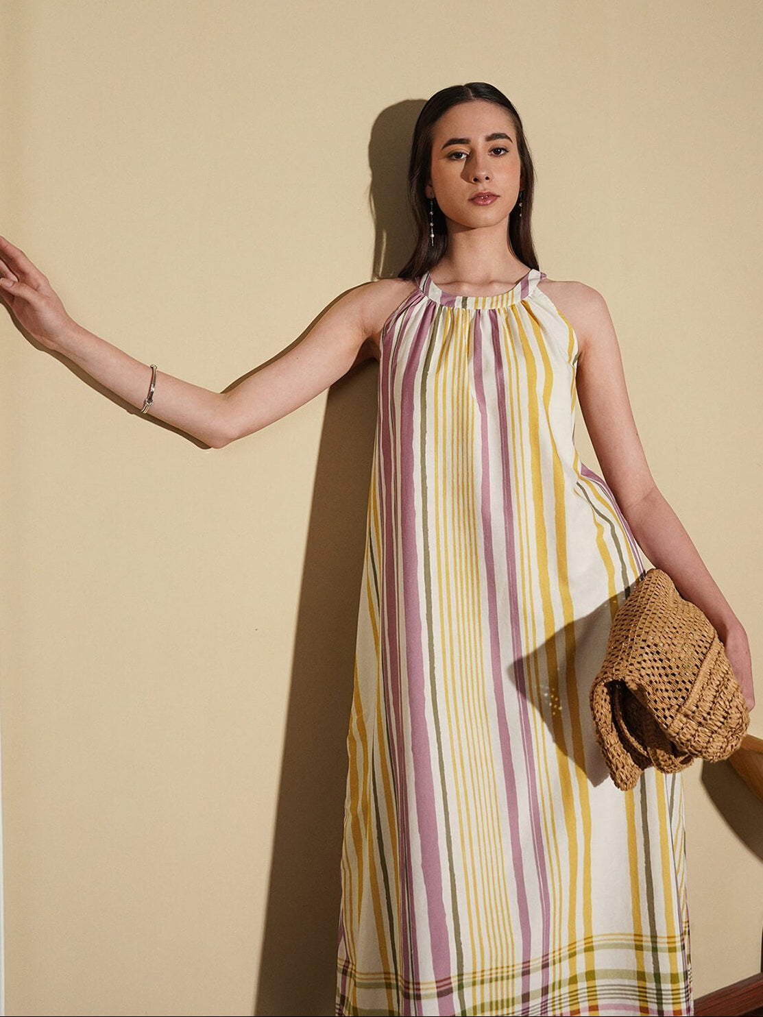Cotton Striped A-Line Dress - Off White