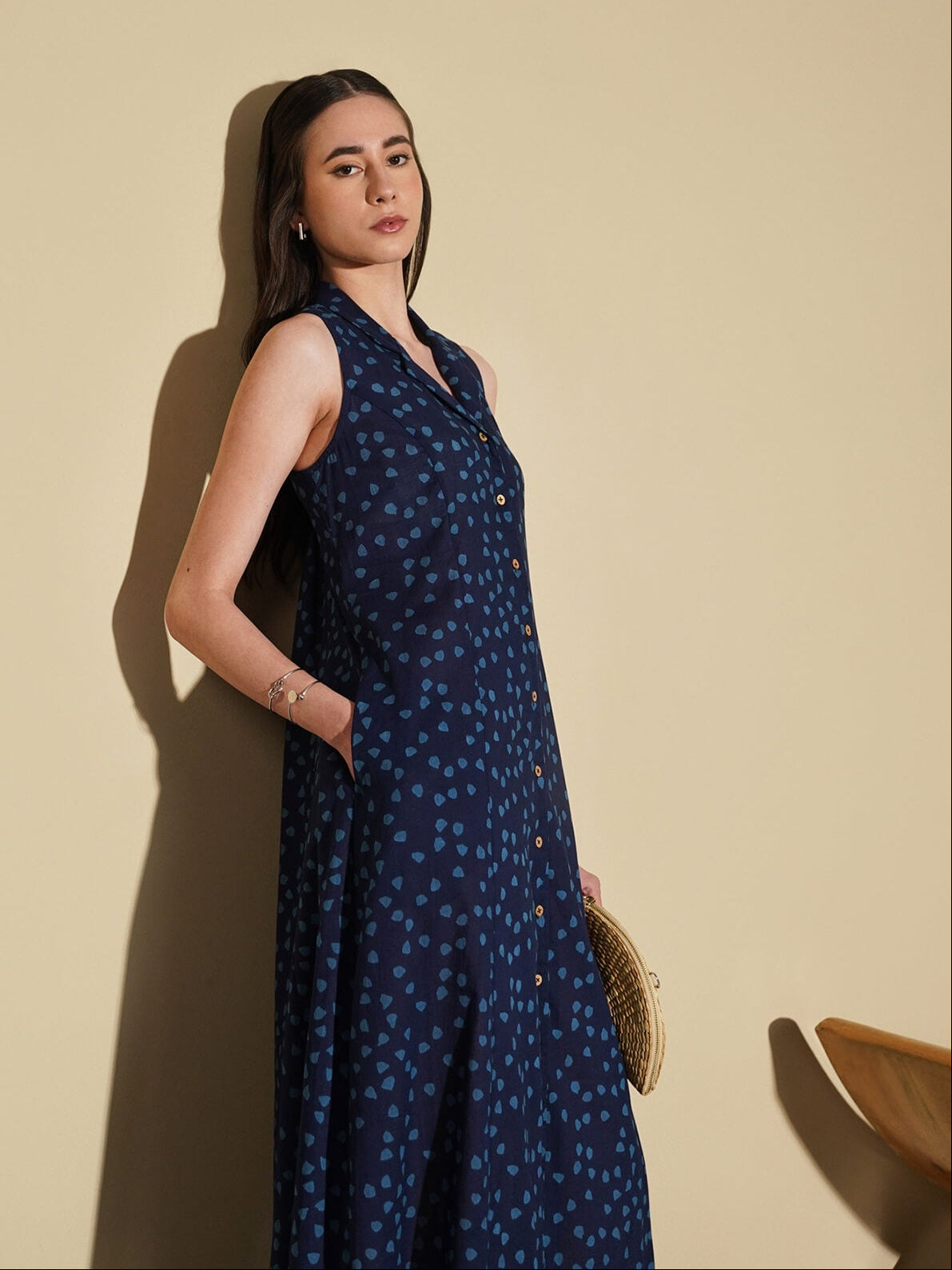 Cotton Geometric Shirt Collar Dress - Navy Blue