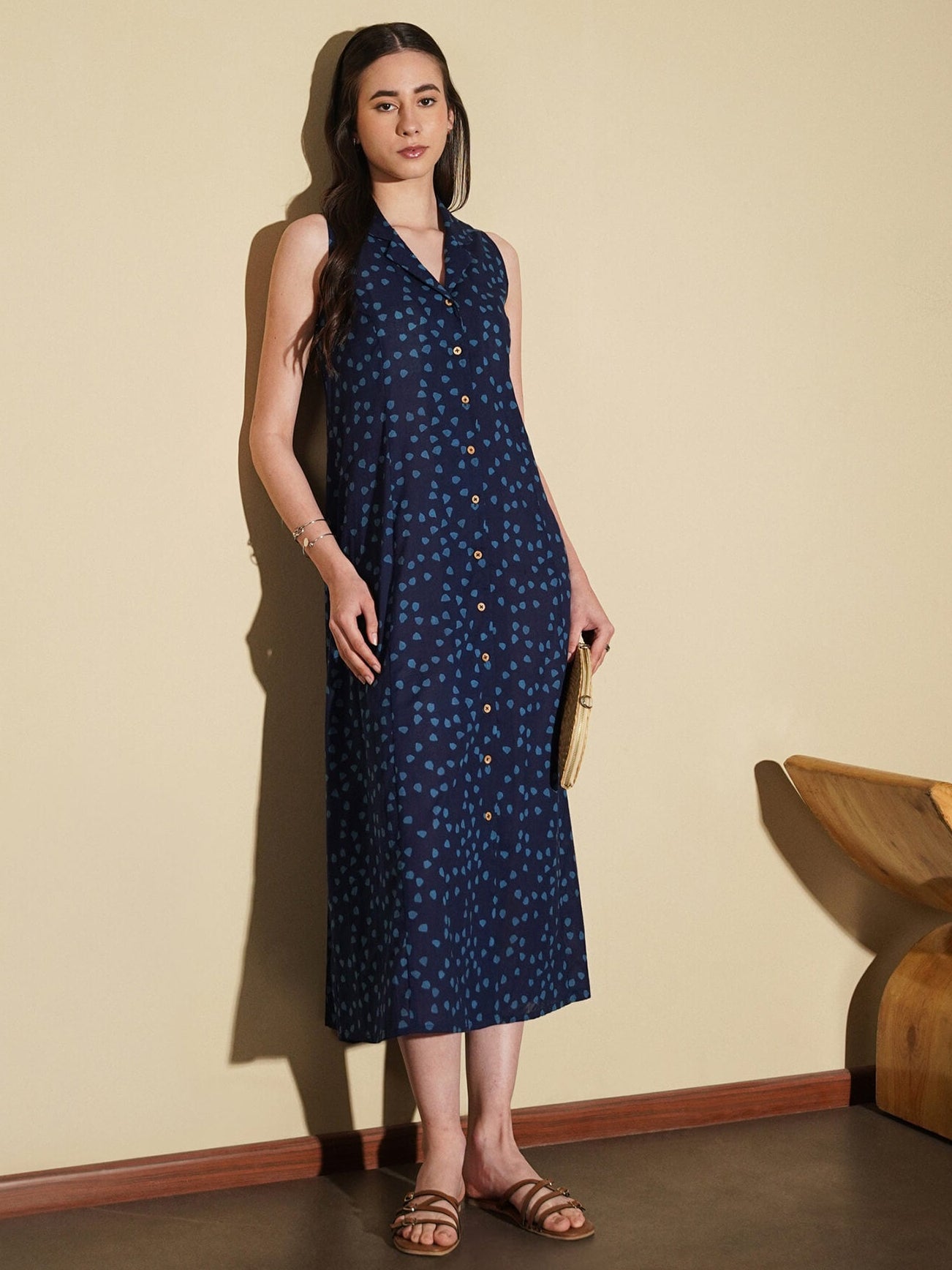 Cotton Geometric Shirt Collar Dress - Navy Blue