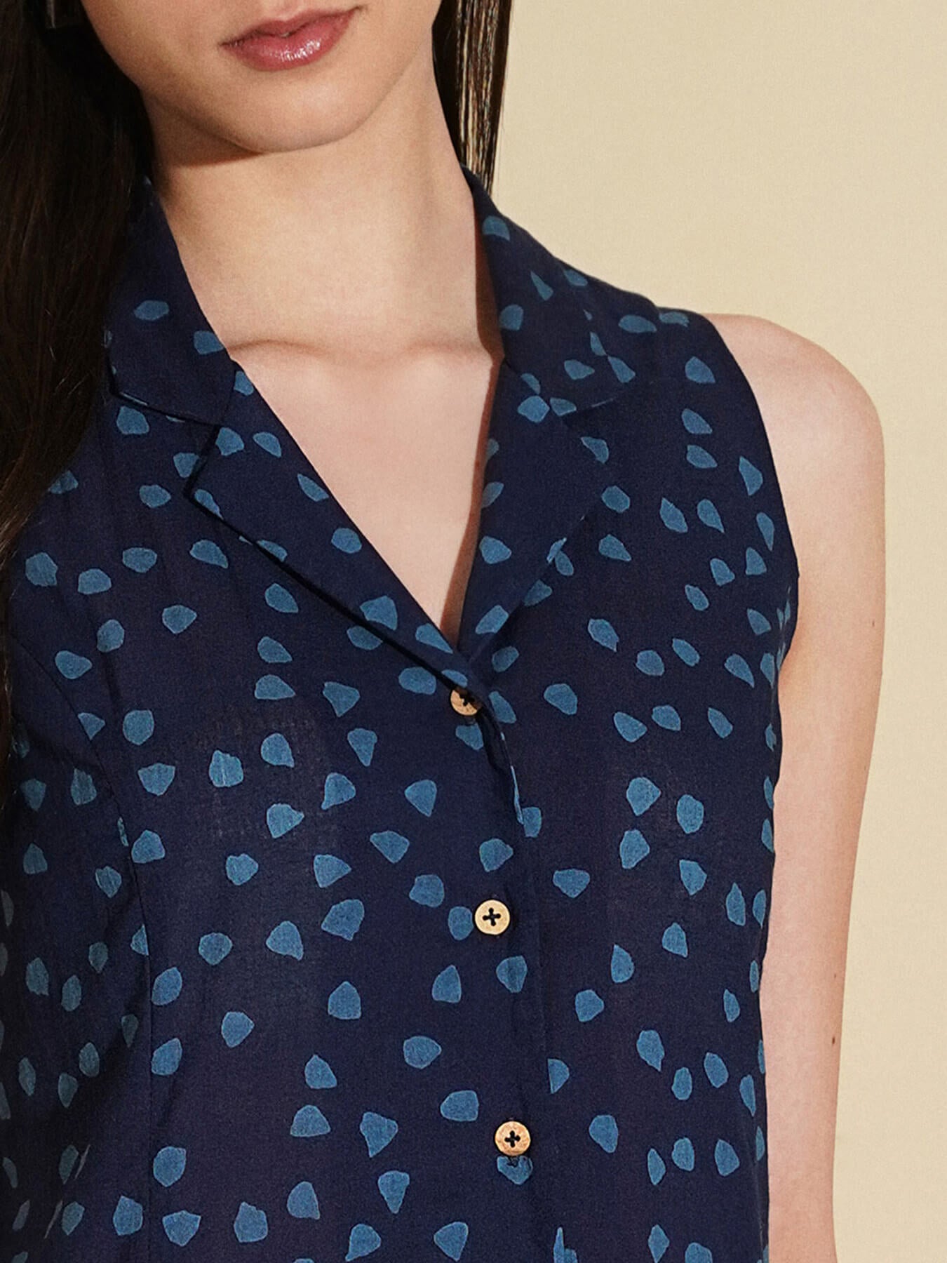 Cotton Geometric Shirt Collar Dress - Navy Blue