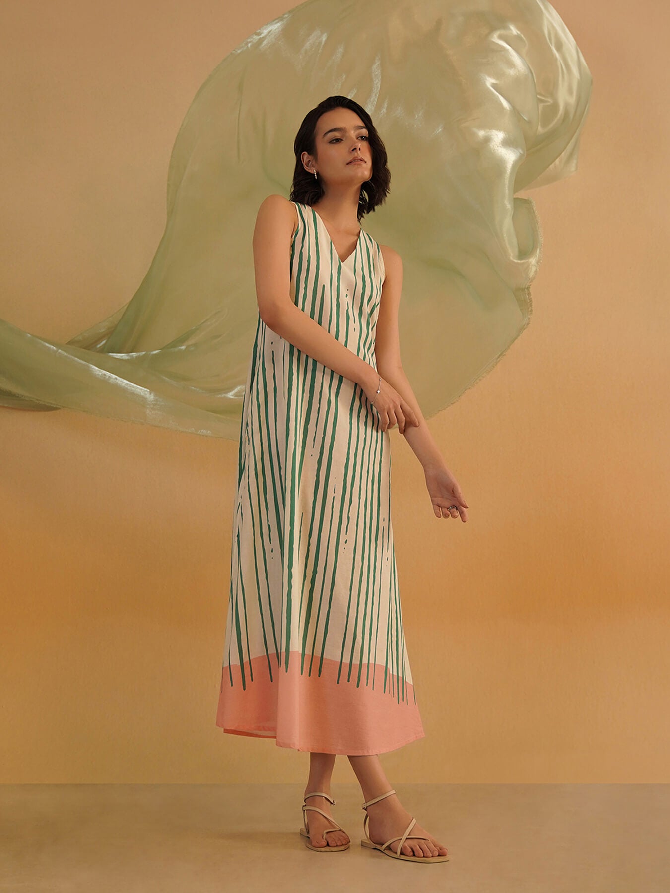 Cotton Striped A-Line Dress - Green