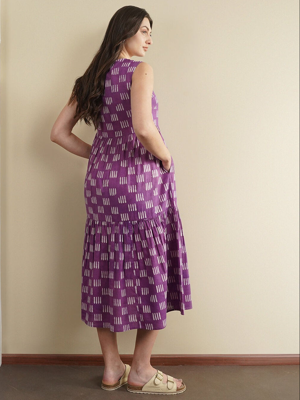 Cotton Dabu Geometric Fit and Flare Dress - Purple