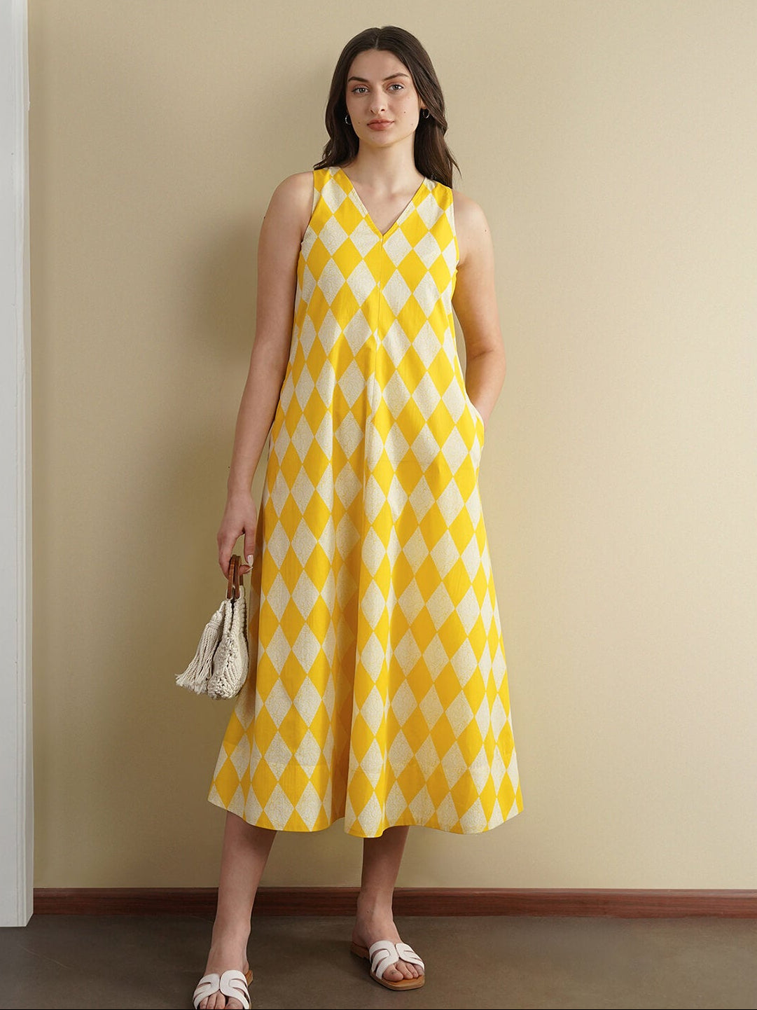Cotton Geometric Dress - Yellow