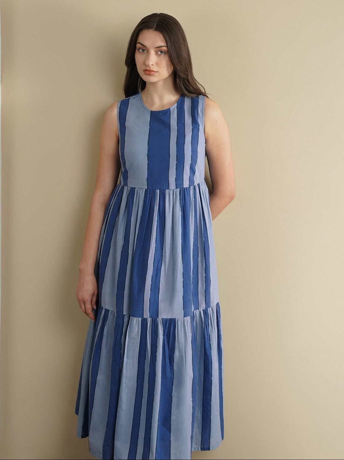 Cotton Striped Midi Dress - Blue
