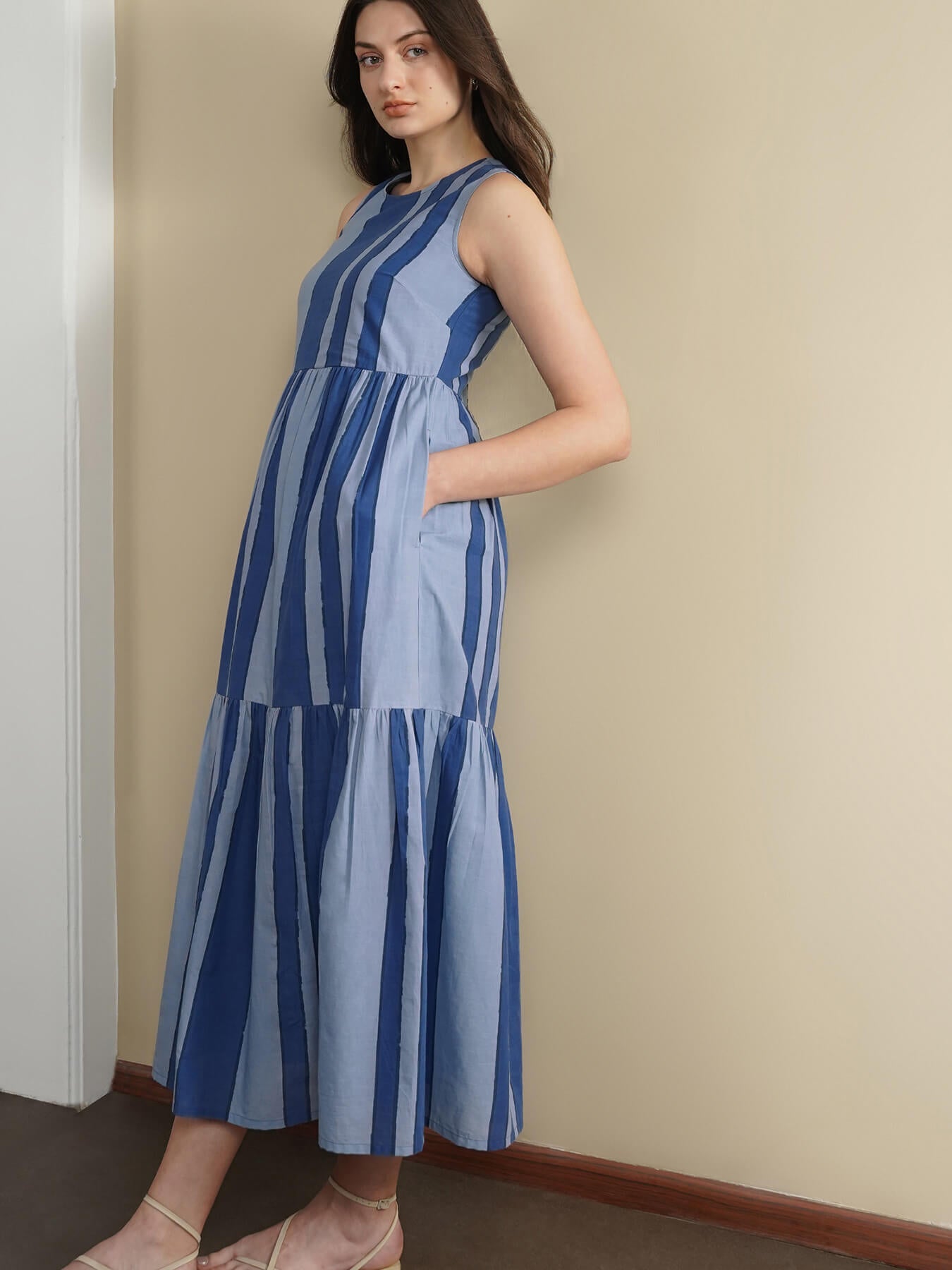Cotton Striped Midi Dress - Blue