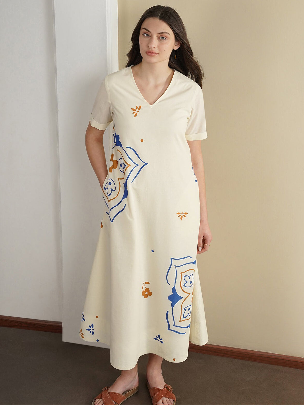 Cotton Abstract A-Line Dress - Off White