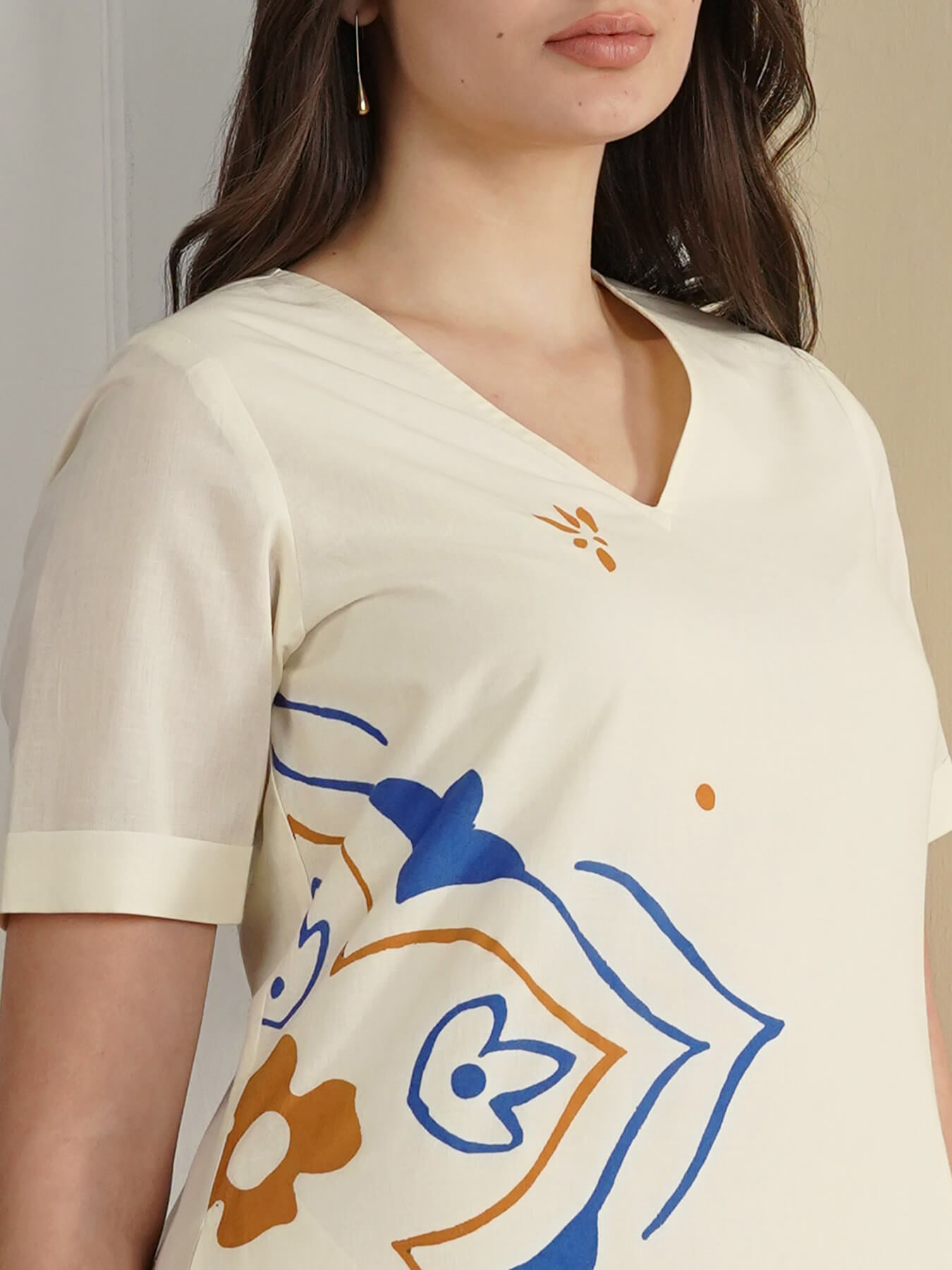Cotton Abstract A-Line Dress - Off White
