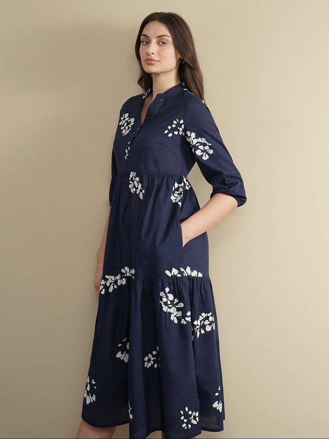 Cotton Geometric Fit and Flare Dress - Navy Blue