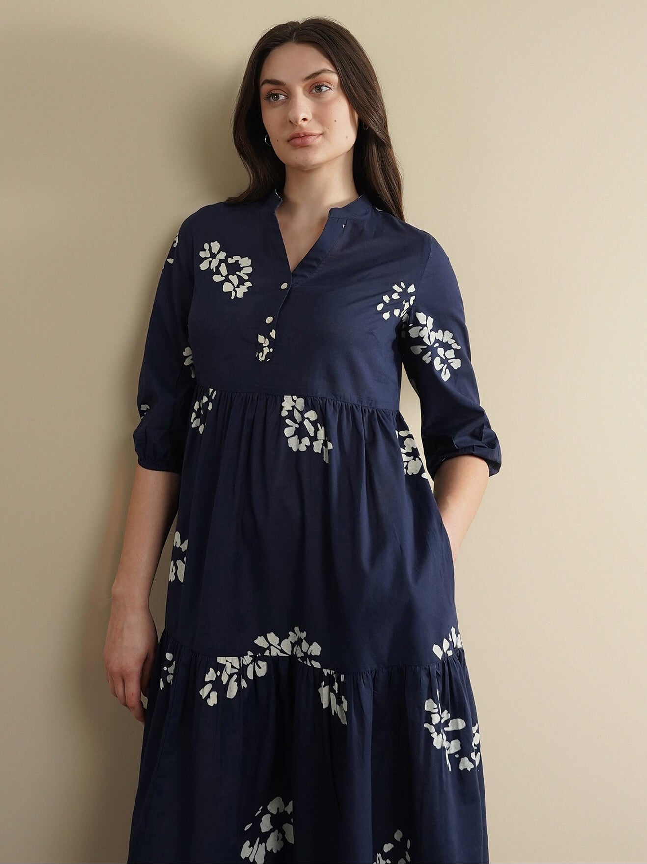 Cotton Geometric Fit and Flare Dress - Navy Blue