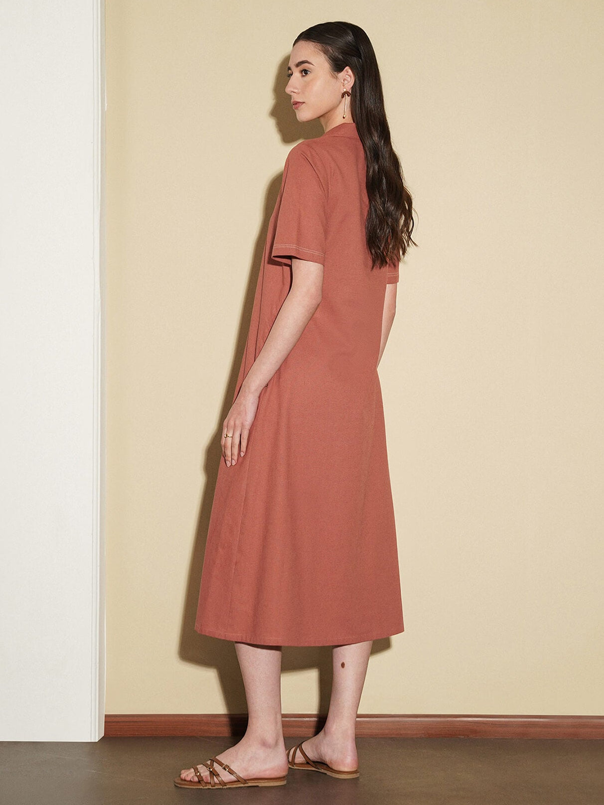 Linen Blend Solid V-Neck Dress - Rust