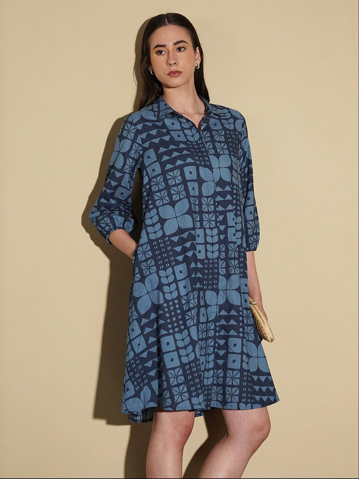 Cotton Geometric Shirt Collar Dress - Blue