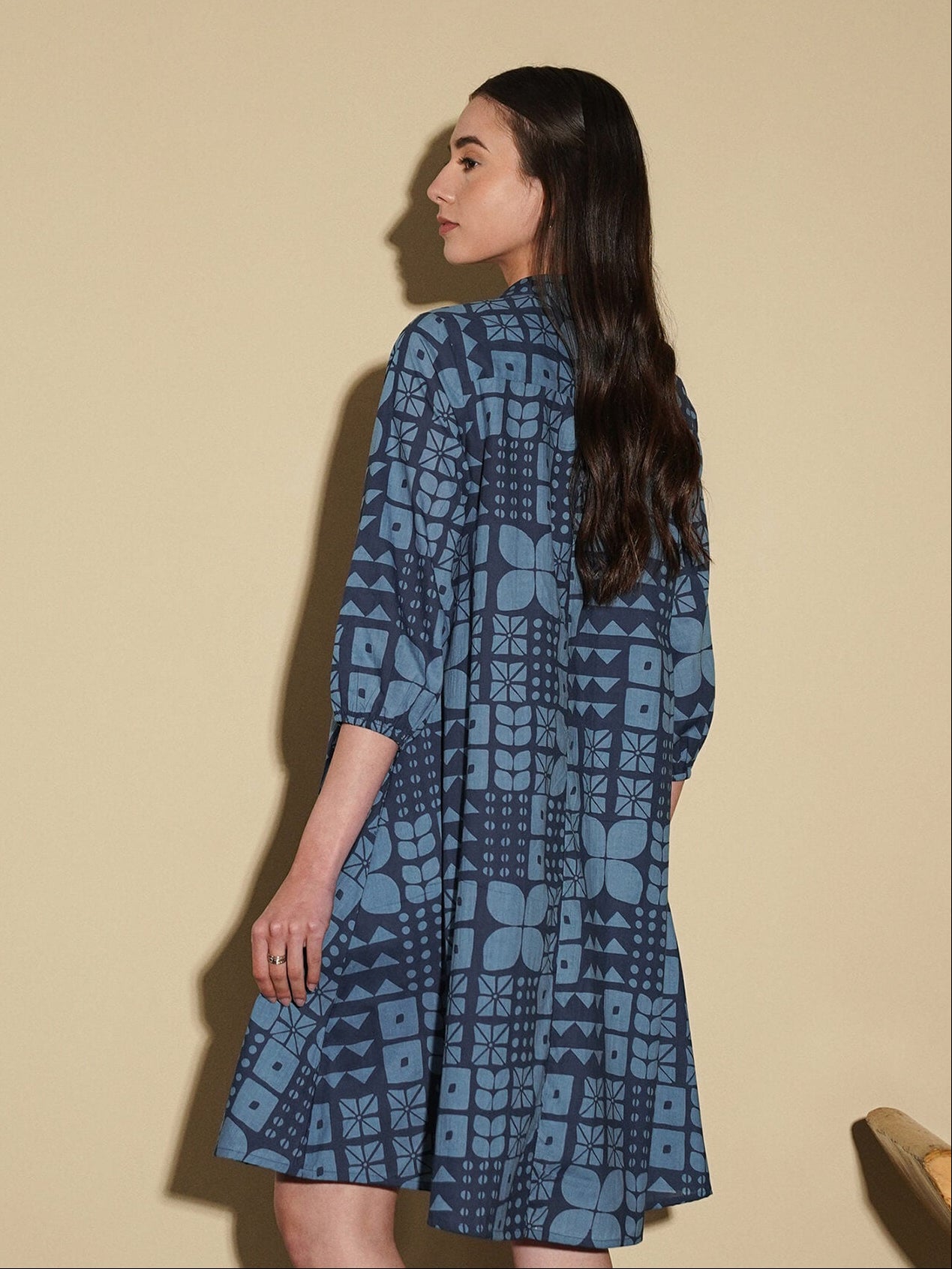 Cotton Geometric Shirt Collar Dress - Blue