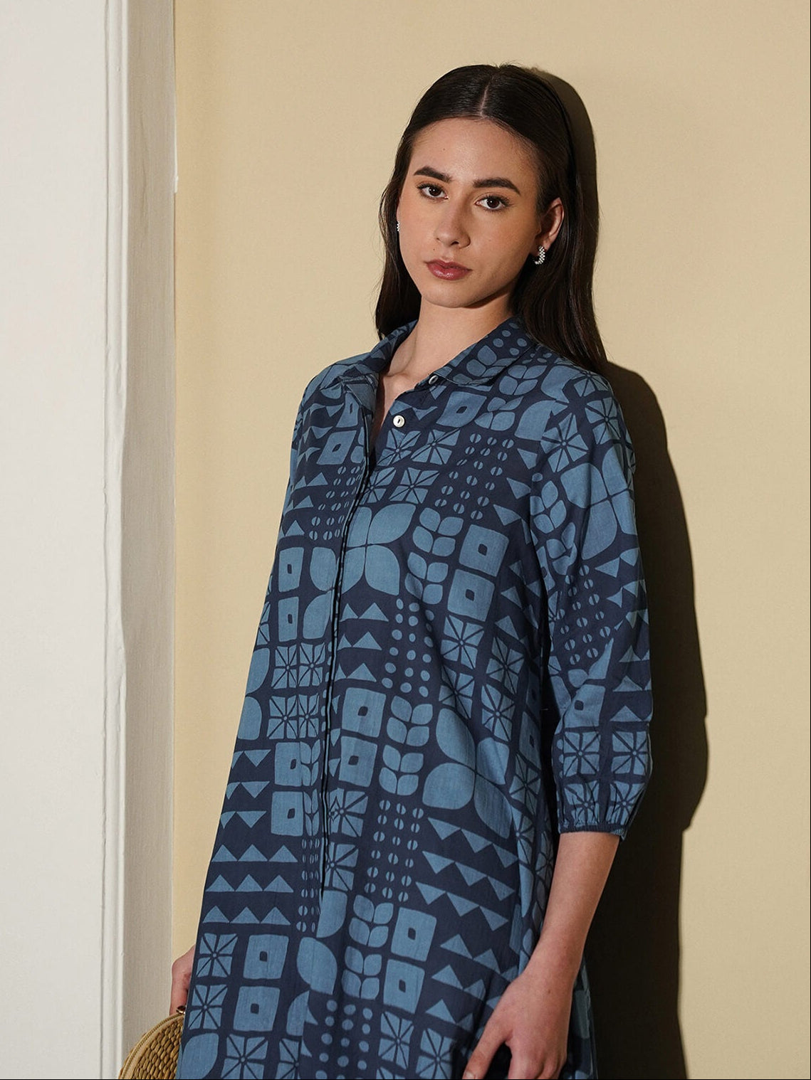 Cotton Geometric Shirt Collar Dress - Blue