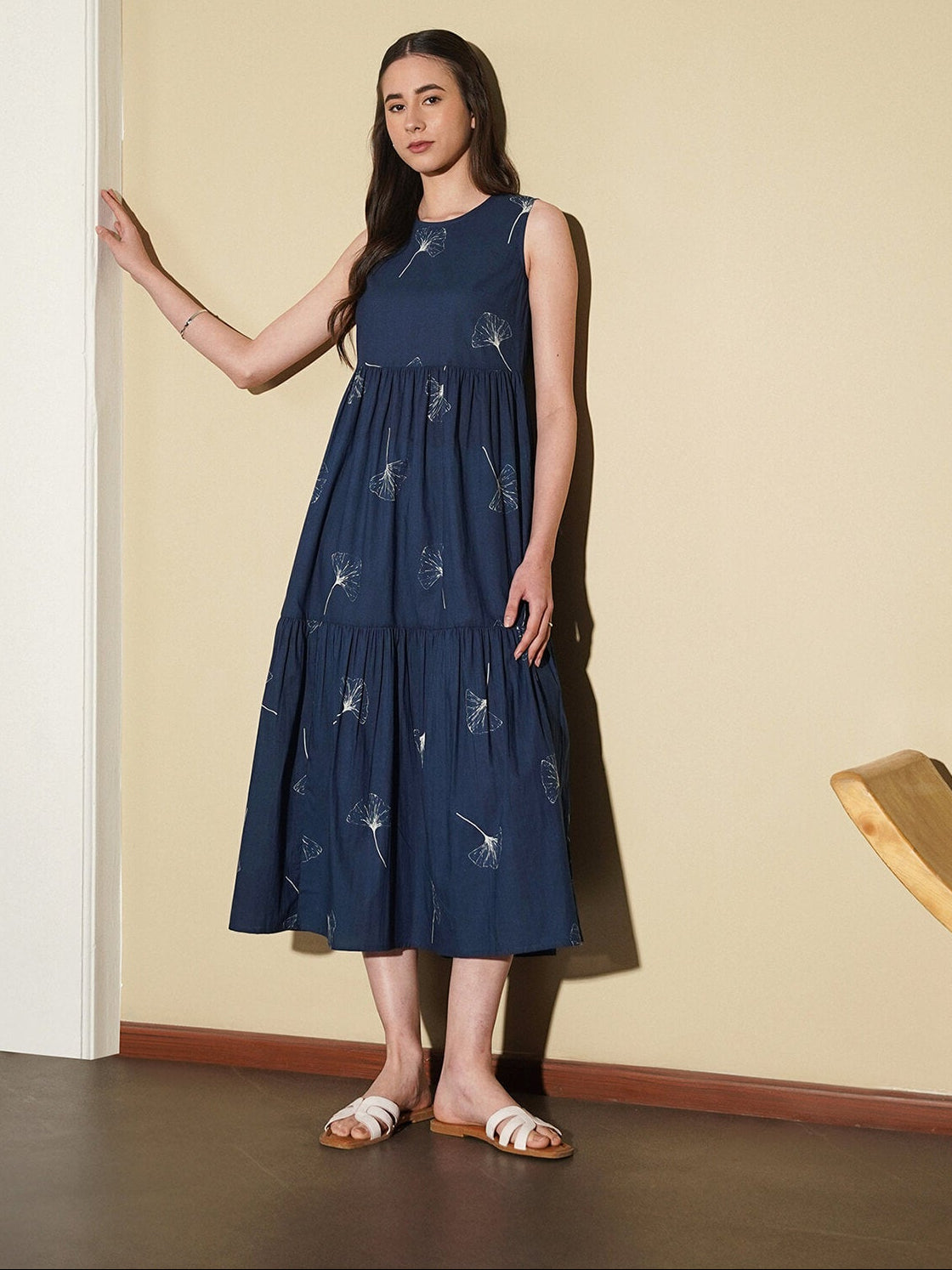 Buy Navy Blue Cotton Floral Fit and Flare Dress Online