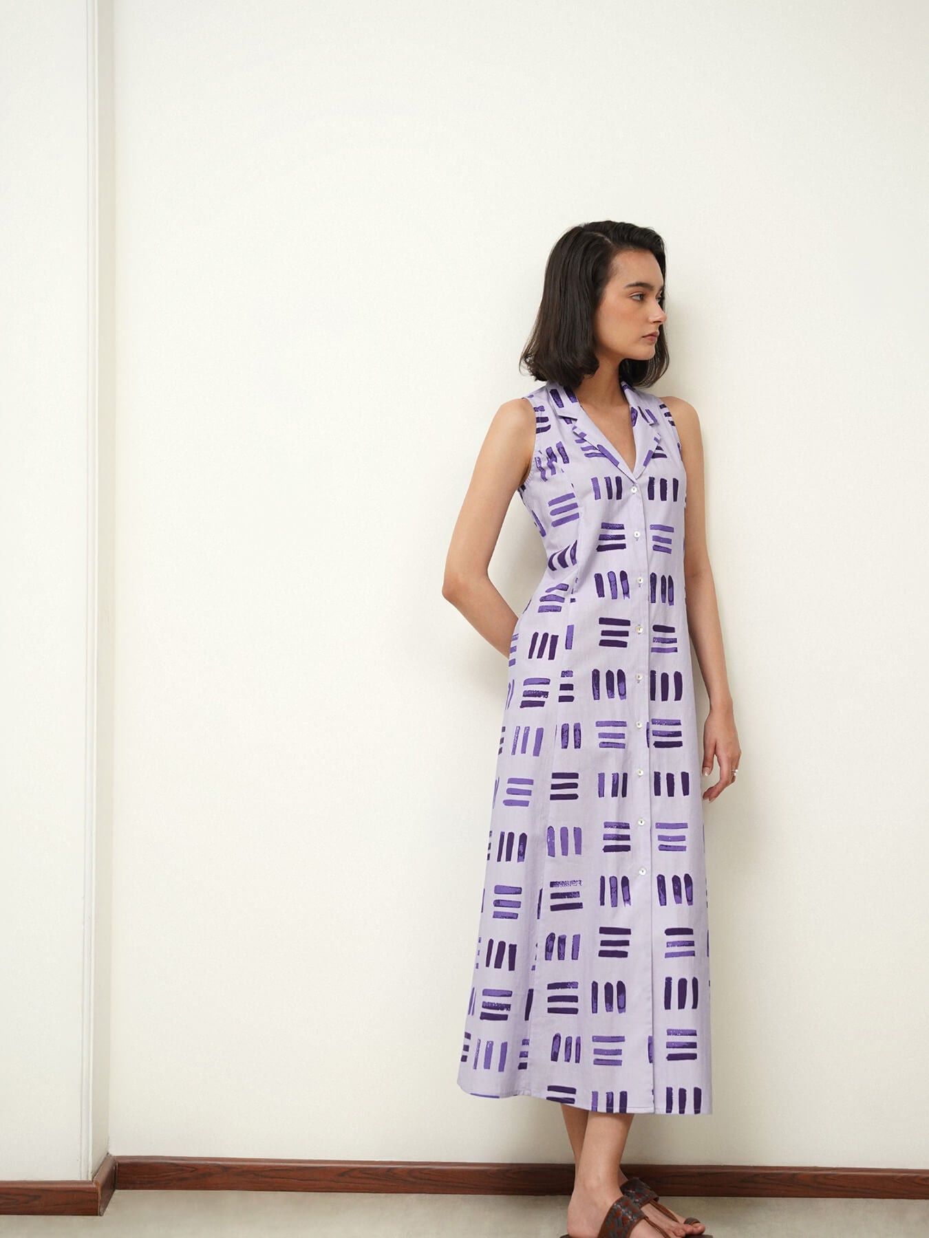 Cotton Striped Shirt Collar Dress - Purple