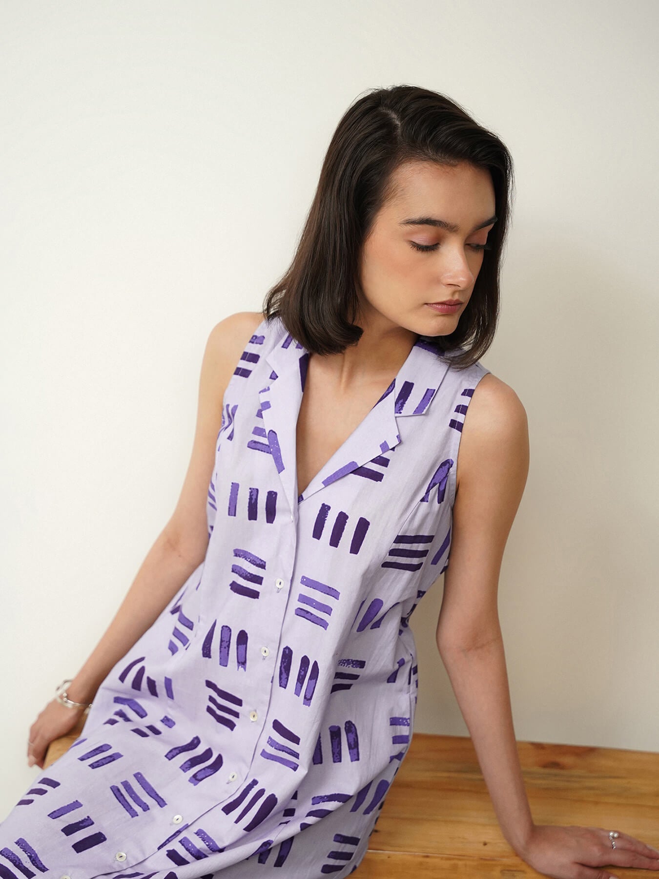 Cotton Striped Shirt Collar Dress - Purple