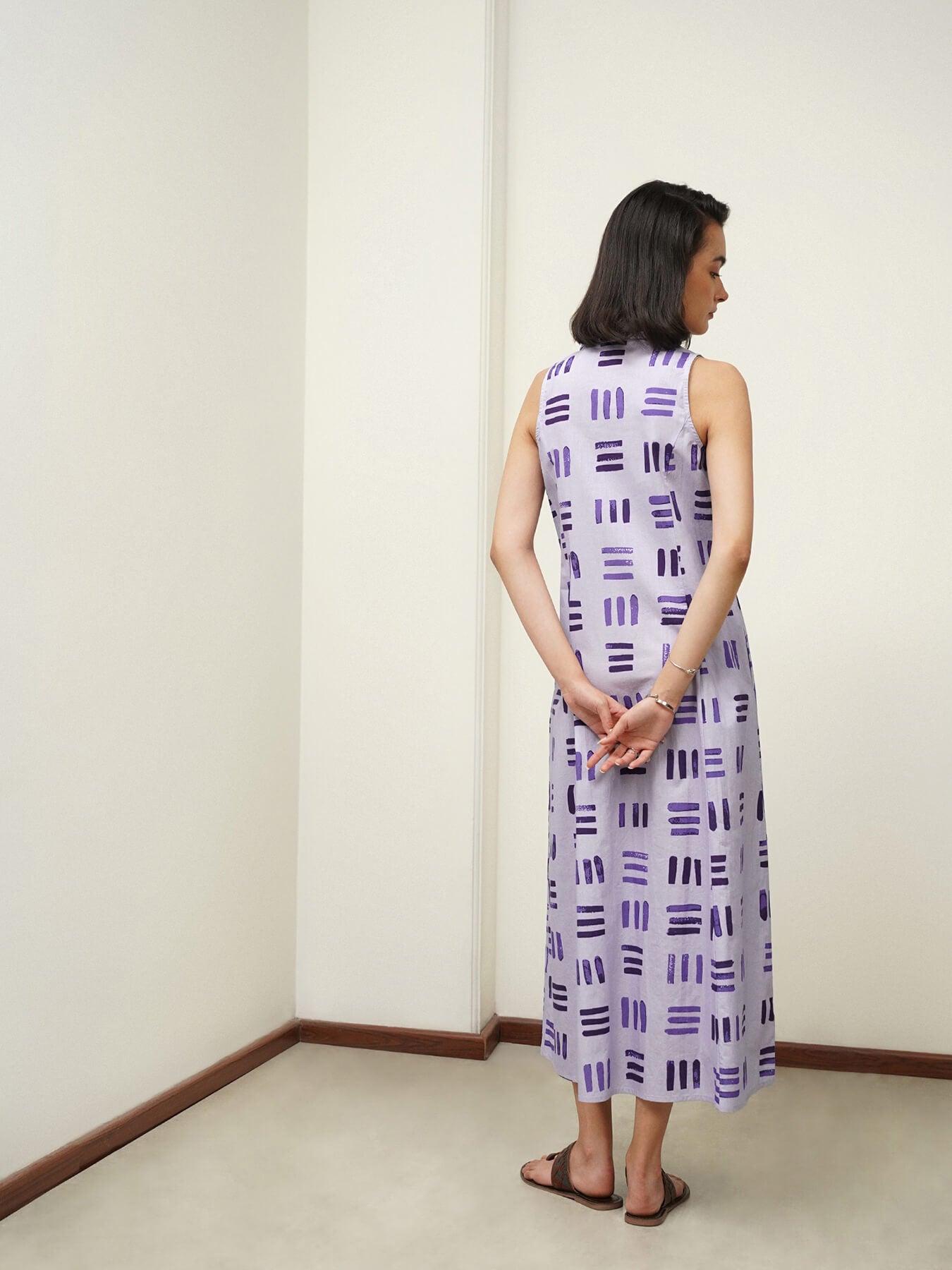 Cotton Striped Shirt Collar Dress - Purple