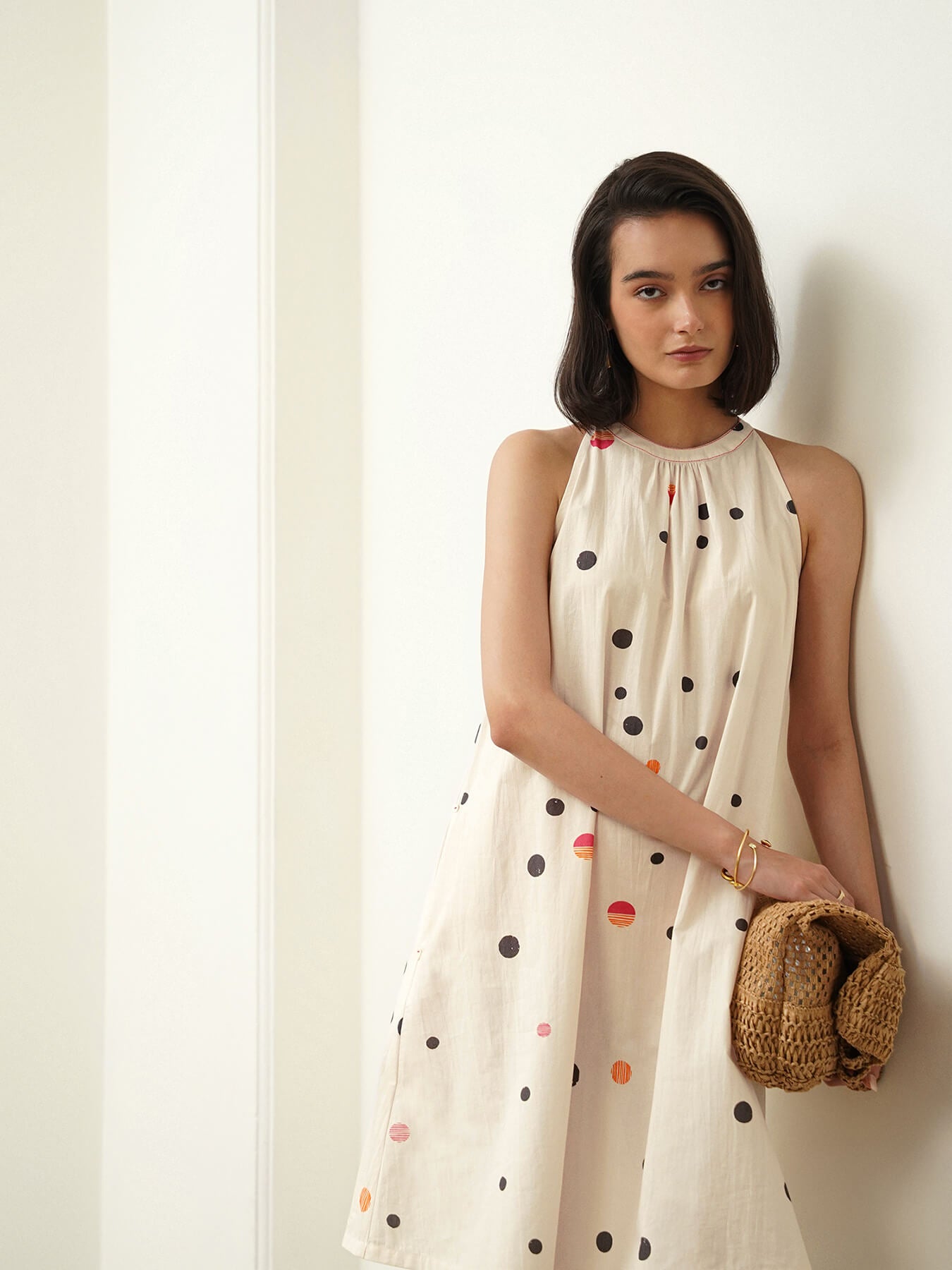Cotton Polka Halter Neck Dress - Off White